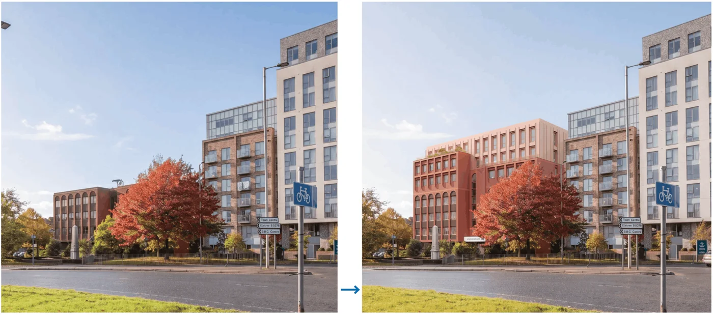 Two views of the same spot on Shenley Road, Borehamwood. On the left, the existing four-storey red-brick NatWest House behind the war memorial and an autumn tree. On the right, the applicant's computer visualisation of the extended building, taller and in red and pink brick, beside Franklin Court.